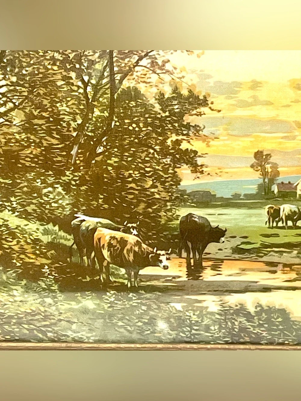 Vintage Lithograph Print Cows on a Farm Glass Vintage Original Wood Frame 12x24”